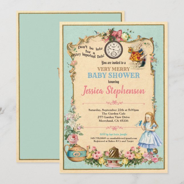 Alice i Wonderland babyduschingteal Inbjudningar (Fram/baksida)