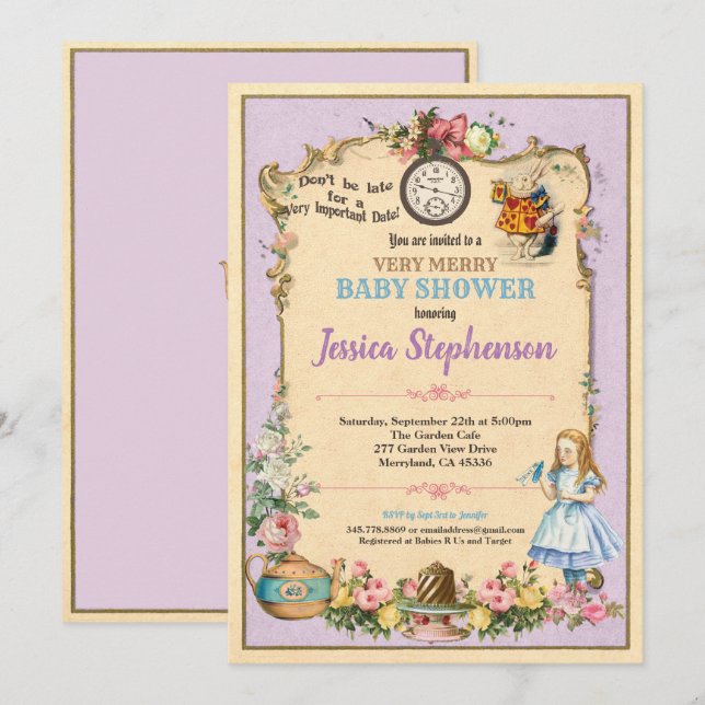 Alice i Wonderland babyduschinvitation rosa Inbjudningar (Fram/baksida)
