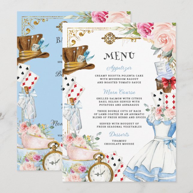 Alice i Wonderland Birthday Baby Shower Menu Program (Fram/baksida)