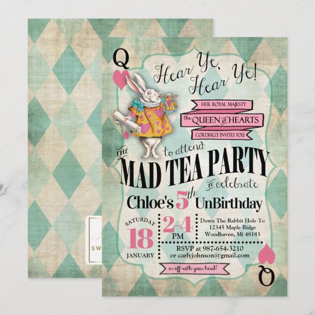 Alice i Wonderland Birthday-inbjudan Inbjudningar (Fram/baksida)