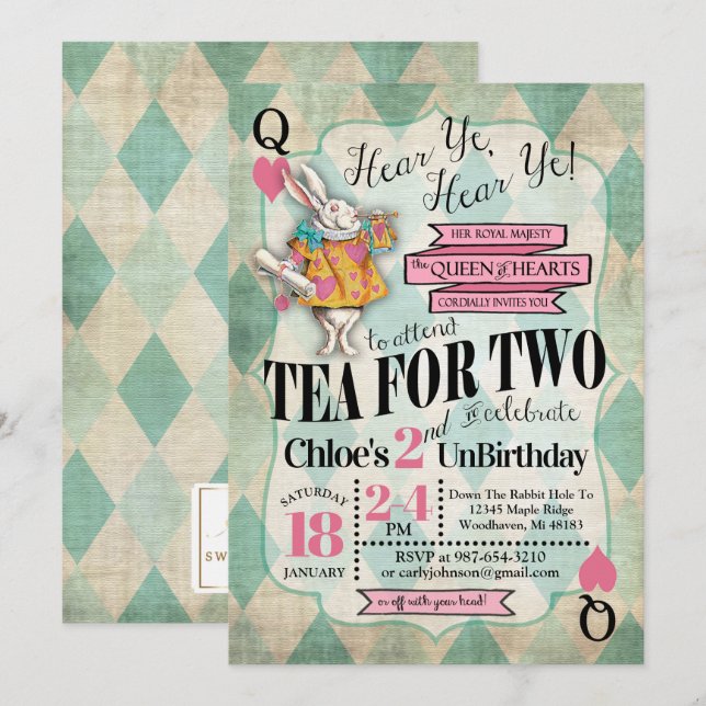 Alice i Wonderland Birthday-inbjudan Inbjudningar (Fram/baksida)