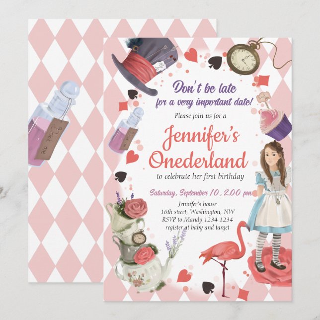 Alice i Wonderland Birthday-inbjudan Inbjudningar (Fram/baksida)
