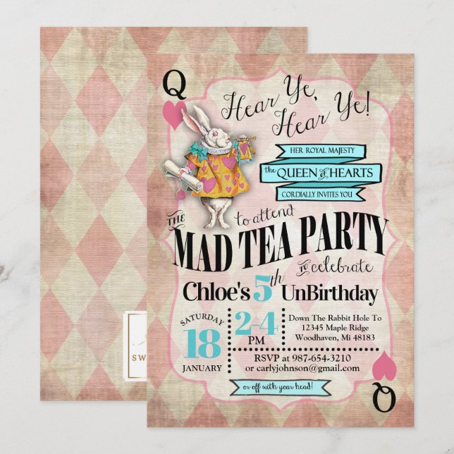 Alice i Wonderland Birthday-inbjudan Inbjudningar (Fram/baksida)