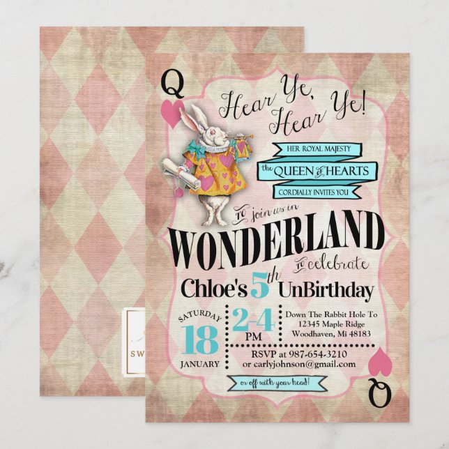 Alice i Wonderland Birthday-inbjudan Inbjudningar (Fram/baksida)