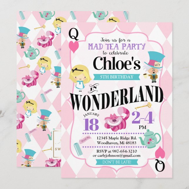 Alice i Wonderland Birthday-inbjudan Inbjudningar (Fram/baksida)