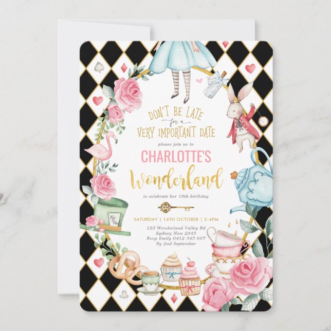 Alice i Wonderland Birthday Mad Hatter Tea Party Inbjudningar (Framsida)