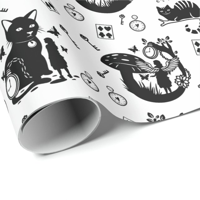 Alice i Wonderland Black and White Design Design Presentpapper (Rullad Hörn)