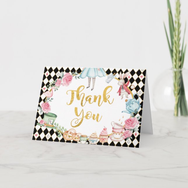 Alice i Wonderland Black Guld Birthday Tea Party Tack Kort (Framsida)