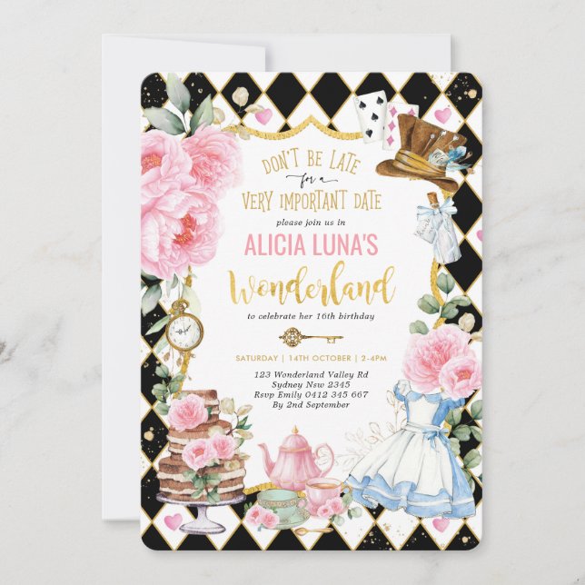 Alice i Wonderland Blommigt Birthday Mad Tea Party Inbjudningar (Framsida)