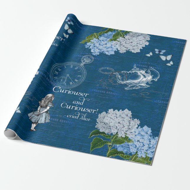 Alice i Wonderland Blommigt Blue Wrapping Papper Presentpapper (Utrullad)