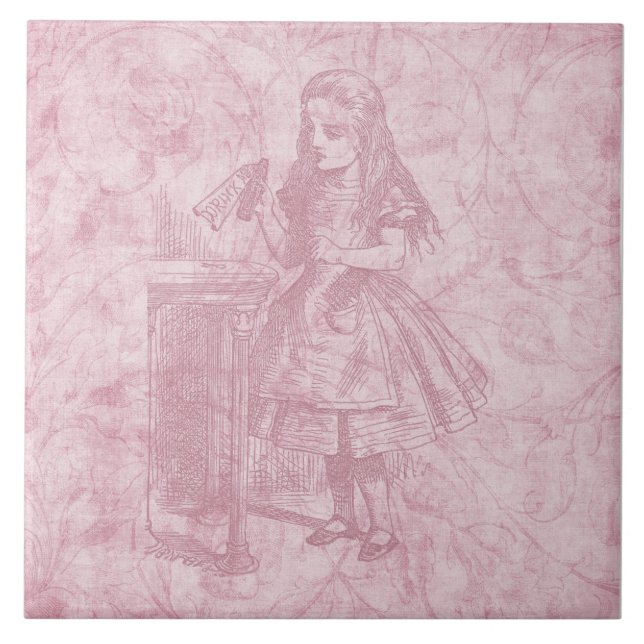 Alice i Wonderland Blommigt Rosa Alice med Flaska Kakelplatta (Framsidan)