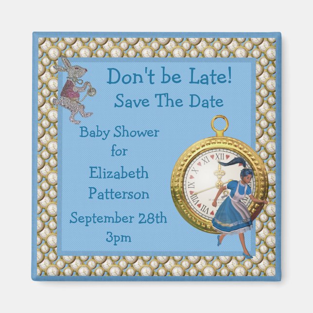 Alice i Wonderland Blue Save Date Baby Shower Magnet (Framsidan)