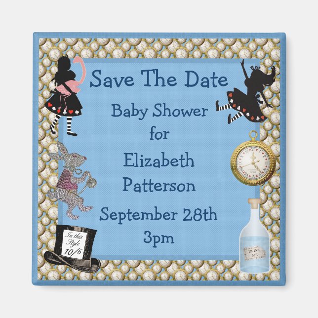 Alice i Wonderland Blue Save Date Baby Shower Magnet (Framsidan)