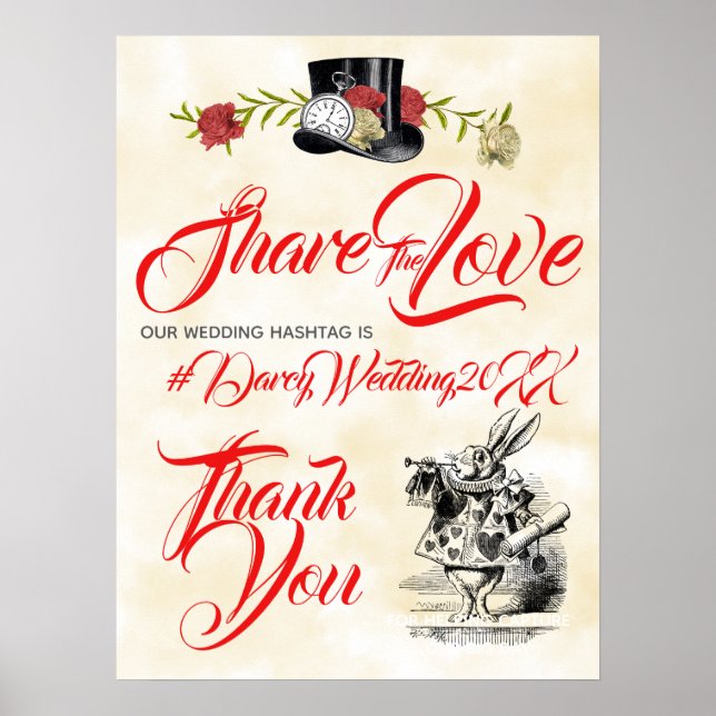 Alice i Wonderland Bröllop Hashtag Sign Poster (Framsidan)