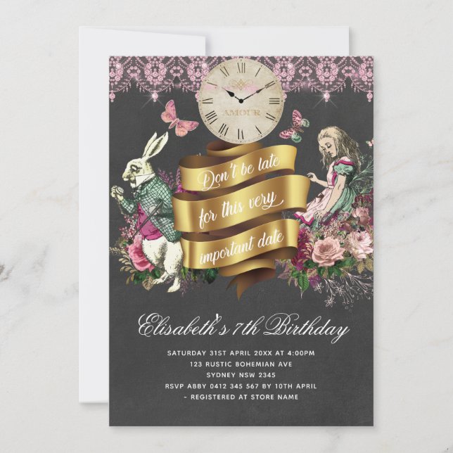 Alice i Wonderland Chalkboard Birthday Inbjudningar (Framsida)