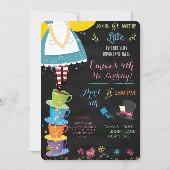 Alice i Wonderland Chalkboard födelsedagsinbjudan Inbjudningar (Framsida)