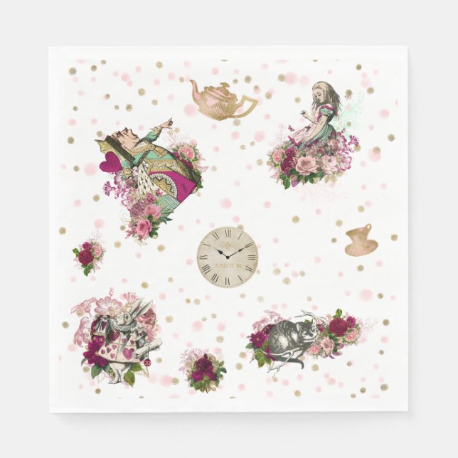 Alice i Wonderland Characters på White & Glitter Pappersservett (Framsidan)