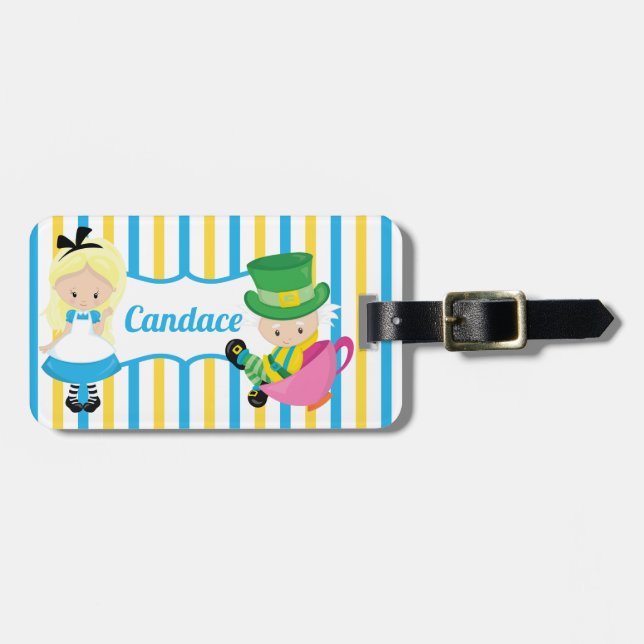 Alice i Wonderland Cute Kids Monogram Blue Gult Bagagebricka (Horisontell Framsida)