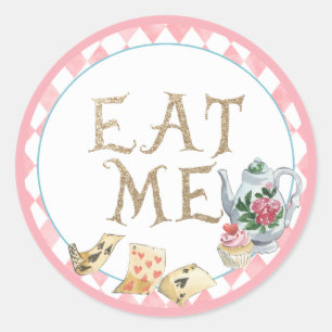 Alice i Wonderland Eat Me Circle Sticker Birthday Runt Klistermärke