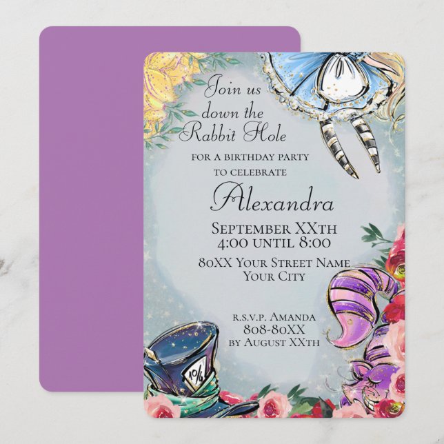 Alice i Wonderland Fairy Tale Theme Inbjudningar (Fram/baksida)
