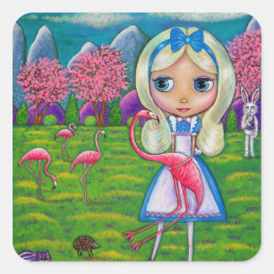 Alice i Wonderland Flamingo Croquet Hedgehog Fyrkantigt Klistermärke