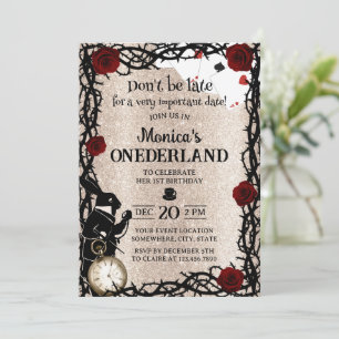 Alice i Wonderland Girl 1:a födelsedagen Guld Glit Inbjudningar