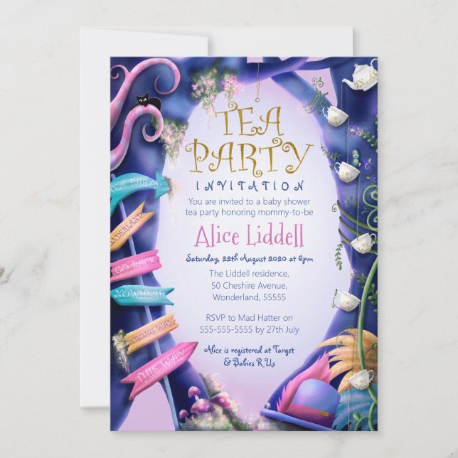 Alice i Wonderland, guld glitter, babydusch Inbjudningar (Framsida)