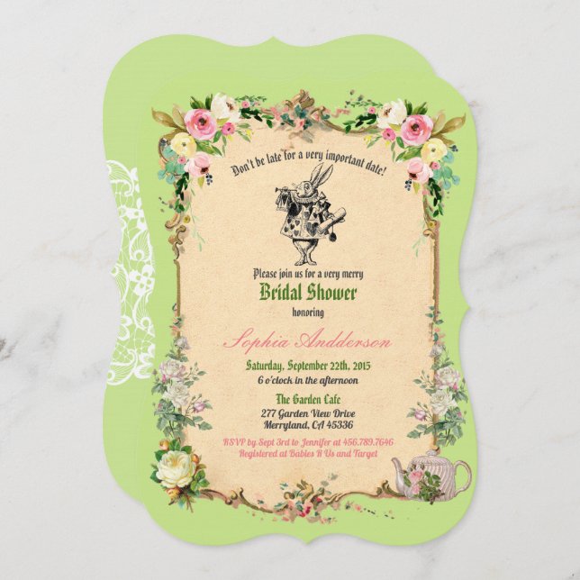 Alice i Wonderland inbjudningskort för möhippan gr (Fram/baksida)