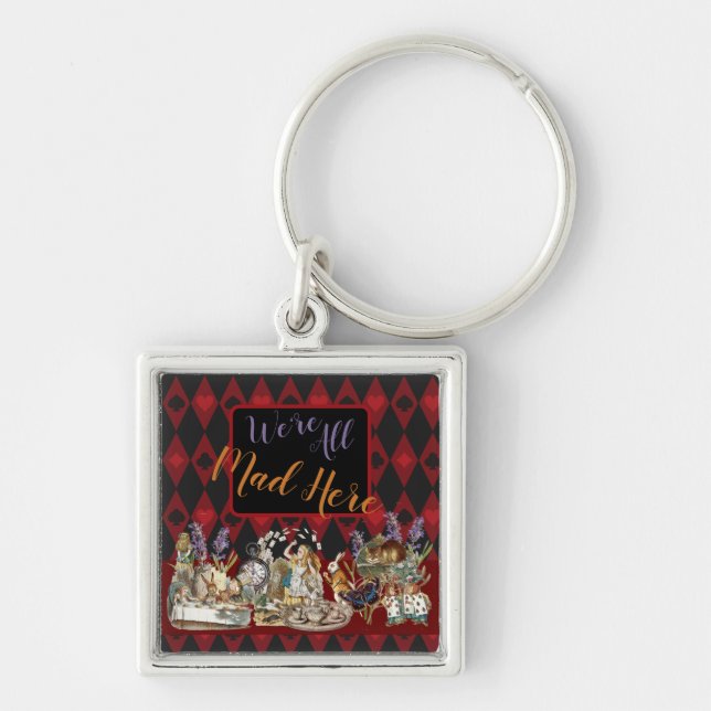 Alice i Wonderland Mad Cheshire Cat Fyrkantig Silverfärgad Nyckelring (Framsidan)
