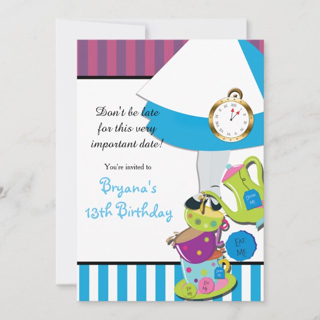 Alice i Wonderland MAD TEA PARTY Birthday Inbjudningar (Framsida)