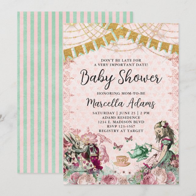 Alice i Wonderland  & Mint Baby Shower Inbjudningar (Fram/baksida)