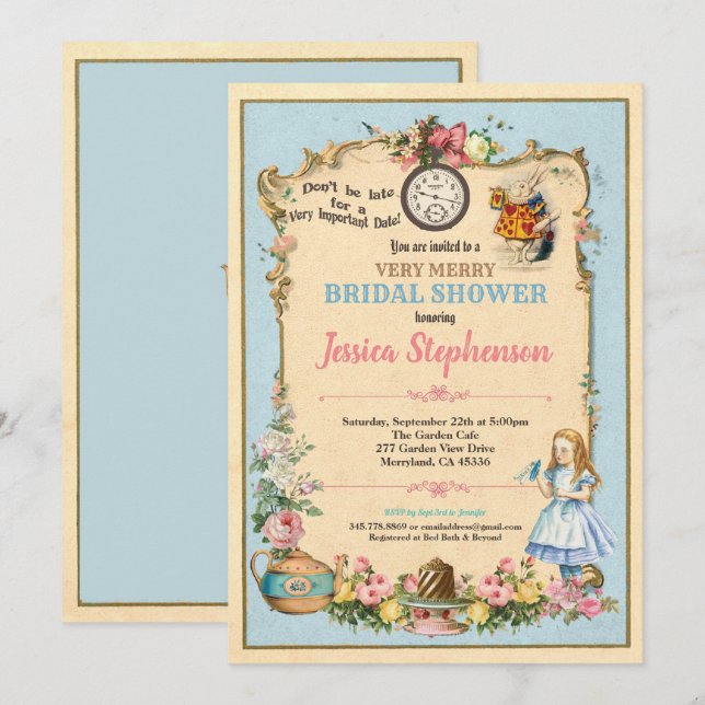 Alice i Wonderland möhippa Invitaiation Blue Inbjudningar (Fram/baksida)