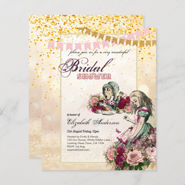 Alice i Wonderland Möhippa Tea Party Inbjudan (Fram/baksida)