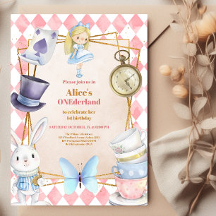 Alice i Wonderland One-derland 1st Birthday Inbjudningar