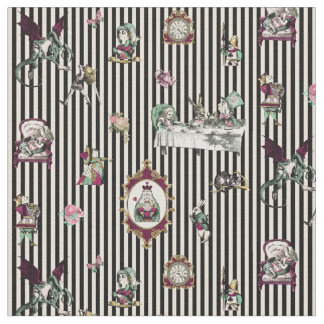 Alice i Wonderland på Black and Cream Stripe Tyg