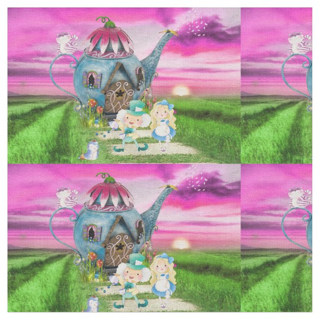 Alice i Wonderland på Tea pot Background Tyg (Närbild)