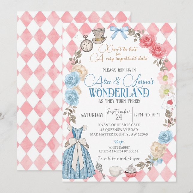 Alice i Wonderland Party, Twillingar 3:e födelseda Inbjudningar (Fram/baksida)