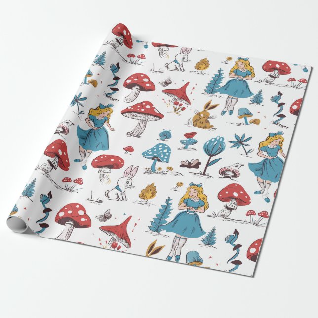 Alice i Wonderland Rabbit Red Mushroom Presentpapper (Utrullad)