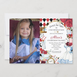Alice i Wonderland Red Blommigt Birthday Tea Party Inbjudningar