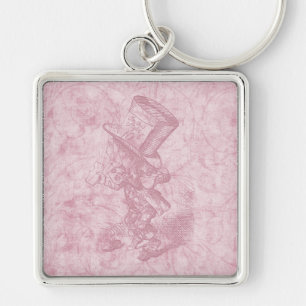 Alice i Wonderland Rosa Blommigt Art Mad Hatter Fyrkantig Silverfärgad Nyckelring