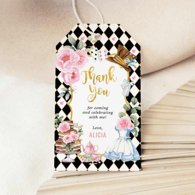 Alice i Wonderland Rosa Blommigt Birthday Tea Part Presentetikett (Skapare uppladdad)