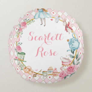 Alice i Wonderland Rosa Blommigt Flicka Nursery Rund Kudde
