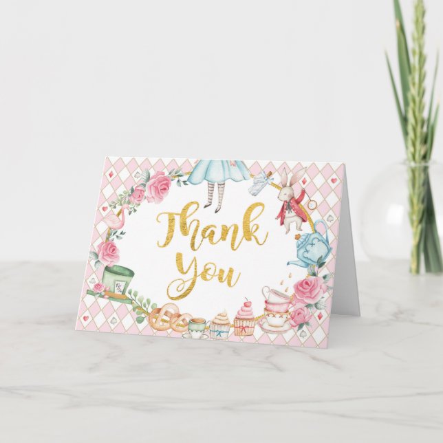 Alice i Wonderland Rosa Guld Birthday Tea Party Tack Kort (Framsida)