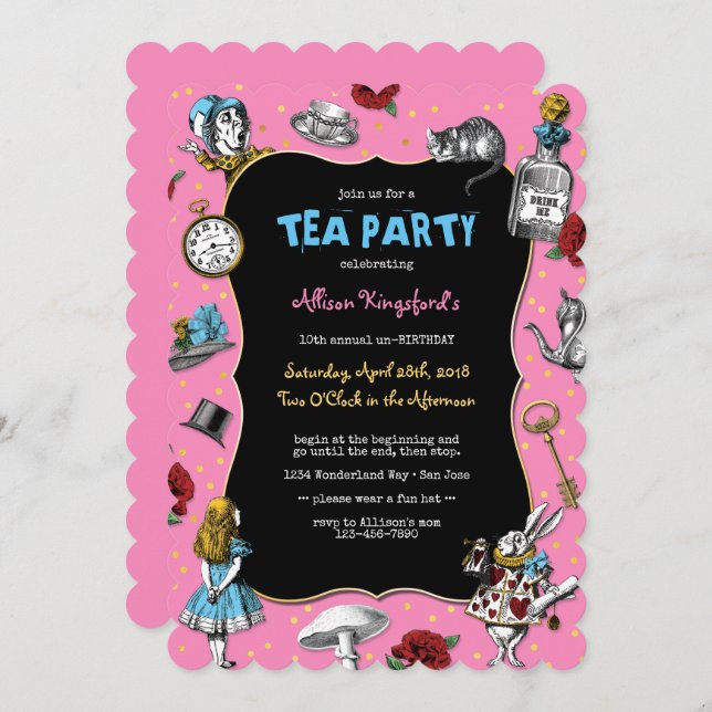 Alice i Wonderland Rosa Tea Party Inbjudningar (Fram/baksida)