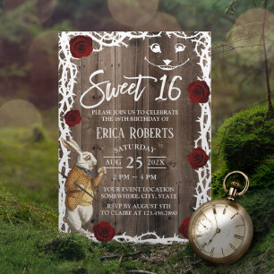Alice i Wonderland Rustic Barn Wood Sweet 16 Inbjudningar