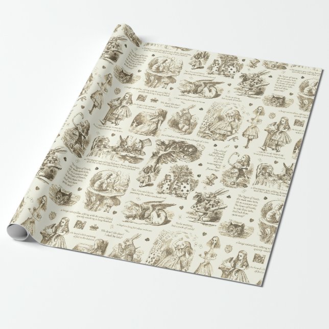 Alice i Wonderland Sepia Beige Toile-citat Presentpapper (Utrullad)