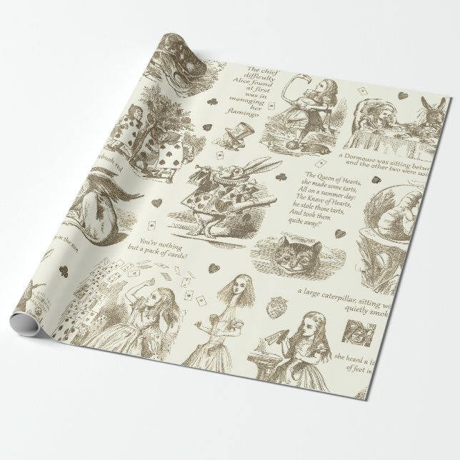 Alice i Wonderland Sepia Beige Toile-citat Presentpapper (Utrullad)