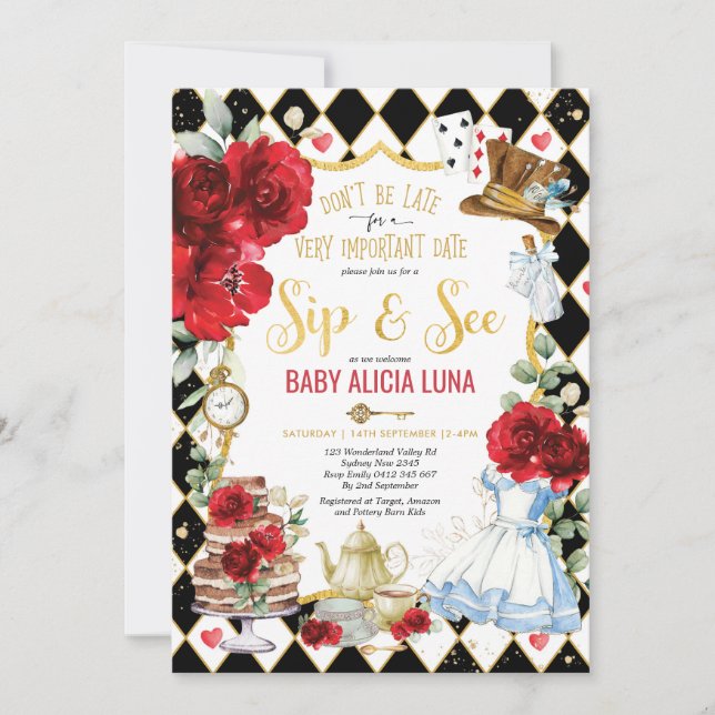 Alice i Wonderland Sip & See Mad Tea Party Ro Inbjudningar (Framsida)