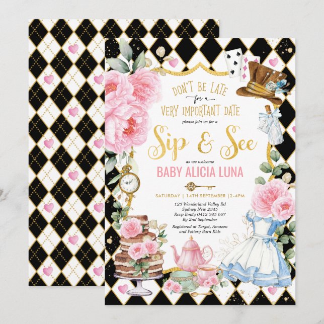 Alice i Wonderland Sip & See Tea Party Flicka Inbjudningar (Fram/baksida)