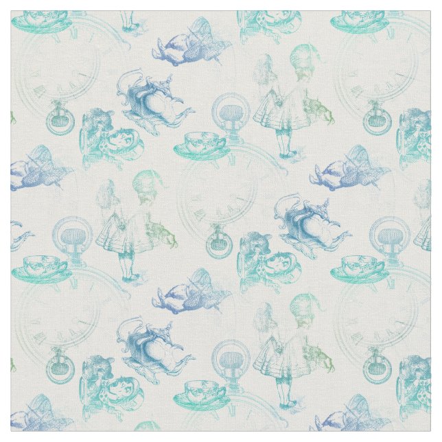 Alice i Wonderland Tea Blue Grönt Fabric Tyg (Närbild)